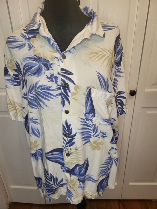 George Other - George Vintage 90s Men's Blue White Hawaiian Button Up L Cruise Luau Vacation